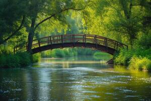 Tranquil riverside scene with arched bridge photo