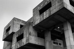 Black and white image showcasing the stark angles and form of brutalist concrete architecture photo