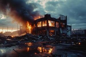 Aftermath of a devastating building fire at dusk photo