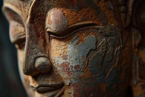 Ancient buddha statue close-up with weathered texture photo