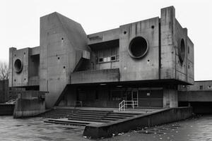 Black and white photo of a concrete brutalist building with distinctive shapes and forms
