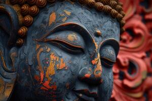 Close-up detail of an ancient buddhist statue with intricate patterns, showcasing cultural art photo