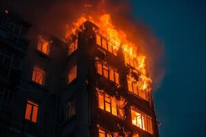 Intense fire engulfs apartment building at night photo