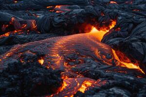 Molten lava flow at night photo