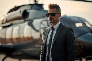 Confident businessman by helicopter at sunset photo