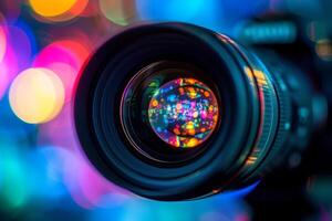 Camera lens with colorful bokeh lights photo