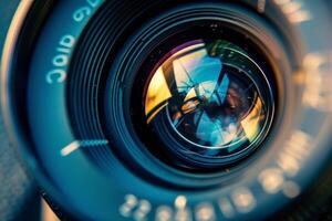 Close-up of camera lens with shimmering reflections photo