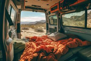 Inviting camper van interior with scenic desert view photo