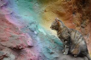Curious cat on colorful rock formation photo