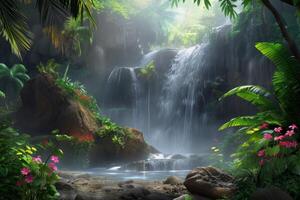 Serene waterfall cascades into a tranquil pool surrounded by lush greenery and vibrant flowers photo