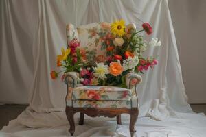 Elegant antique chair overflowing with a vibrant arrangement of fresh flowers against a draped white backdrop photo