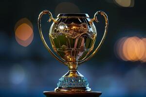 Golden trophy with bokeh background photo