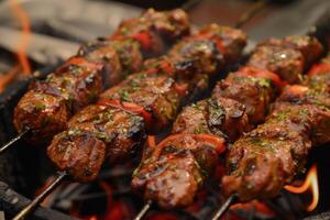 Grilled beef skewers over open flame photo