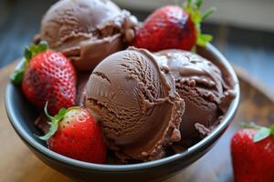 Decadent chocolate ice cream with fresh strawberries photo