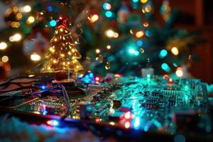 Circuit board with a lit miniature christmas tree, surrounded by colorful bokeh photo