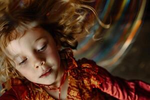 Young child with curly hair enjoys spinning, captured in a dynamic, blurry background photo