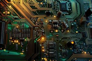 Futuristic circuit board with illuminated paths photo