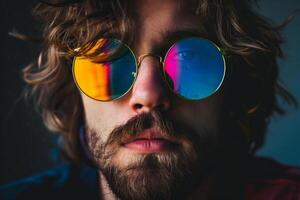 Stylish man with colorful sunglasses closeup photo