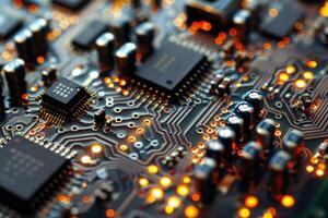 Highdetail macro shot of a lit electronic circuit board with active components photo