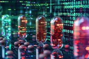 Conceptual image of pills and capsule with digital binary code representing pharmaceutical technology photo