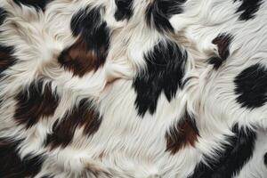 Closeup view of a natural cowhide with a distinctive black, white, and brown fur pattern photo
