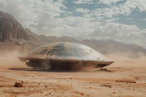 Realistic depiction of a spaceship landing in a dusty desert with mountains in the background photo