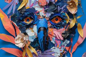 Intricate papercraft design with vivid colors and textures on a blue backdrop photo