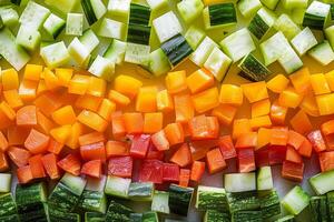 Top view of diced colorful veggies arranged in rows, creating a vibrant pattern photo