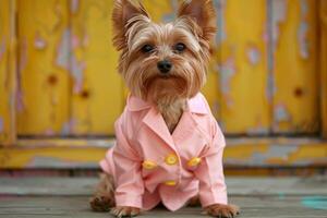 Fashionable yorkshire terrier in pink jacket photo