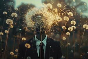 Surreal businessman with dandelion head in field photo