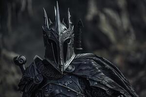 Dark knight in armor posing in moody setting photo
