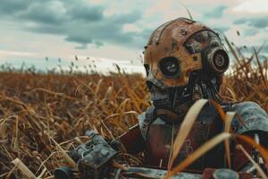 Abandoned robot in field at dusk photo