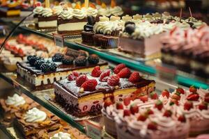 Delectable assortment of cakes in bakery display photo