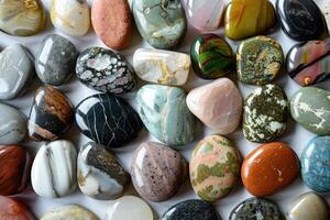Vibrant array of various polished semiprecious gemstones neatly arranged photo