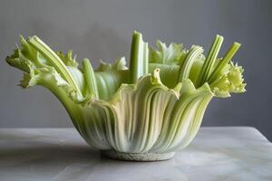 Fresh celery bunch in colander on table photo