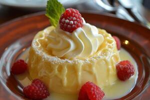 Delectable vanilla pudding with fresh raspberries photo