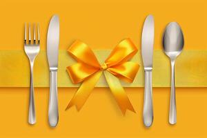 Elegant table setting with golden bow on yellow background photo