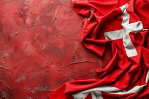 Elegant red fabric draped on textured background photo