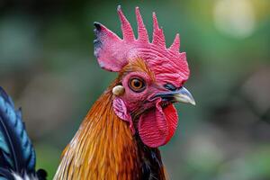 Closeup image of a colorful rooster with a vibrant red comb and wattle photo