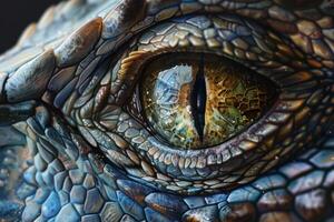 Macro photograph capturing the intricate details of a reptile's eye with vivid textures photo