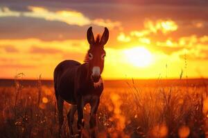Sunset serenity with donkey in the field photo