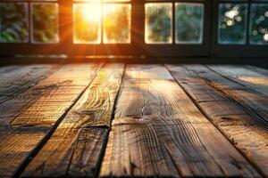 Warm sunset light streaming through window onto rustic wooden table photo