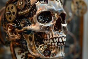 Detailed closeup of a metallic steampunk robot skull with intricate gears and mechanical parts photo