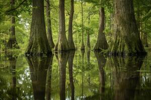 Tranquil scene of a swamp with towering trees and their reflections in still water photo