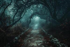Mysterious forest path at twilight photo