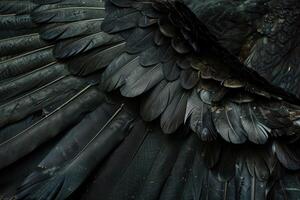 Detailed image displaying the texture and patterns of dark bird feathers photo