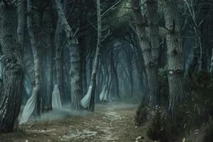 Enchanted forest path with mysterious ghostly figures photo