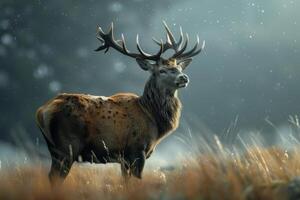 Majestic stag in misty field at dusk photo