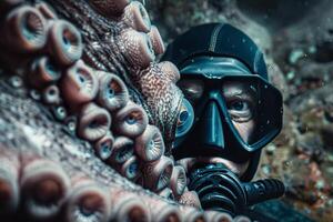 Scuba diver up close with octopus in ocean depths photo