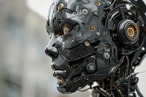Highresolution image of a futuristic robot head with intricate design details photo